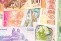 Old banknotes from different exotic countries. Colorful paper money background. Close-up macro Royalty Free Stock Photo