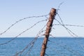 Old barbed wire fence and rusty post