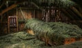 Old barn with fresh hay in mystical light.