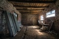 Old barn interior in the village. Vintage shed built of wood and brick, abandoned barn. Inside of a rustic stable Royalty Free Stock Photo