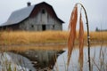 an old barn reflected in a raindrop on a wheat stalk