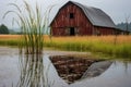 an old barn reflected in a raindrop on a wheat stalk