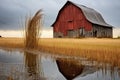 an old barn reflected in a raindrop on a wheat stalk