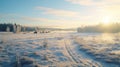 Nostalgic Winter Landscape Sun Setting Over Snowy Rural Finland
