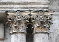 old baroque columns on a historic building that is in disrepair. Russia. elements of architectural decorations of Royalty Free Stock Photo