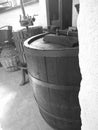 Italy-Minucciano-spring 2018: Old barrel and equipment, to make wine, inside the Minucciano museum