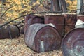 Old barrels of chemical waste with chlorine in Chernobyl close up