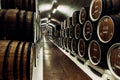 Old barrels in the wine cellar. Wine cellar with old oak barrels, production of fortified dry or semi-sweet wine. Royalty Free Stock Photo