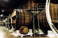 Old barrels in the wine cellar. Wine cellar with old oak barrels, production of fortified dry or semi-sweet wine. Royalty Free Stock Photo