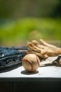 Old baseball ball, mitt and batting gloves, copy space Royalty Free Stock Photo