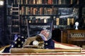 Old baseball glove and bat on American flag in retro library Royalty Free Stock Photo