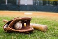 Old Baseball, Glove, and Bat on Field Royalty Free Stock Photo