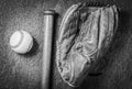 Vintage old baseball glove vith ball and bat Royalty Free Stock Photo