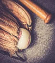 Vintage old baseball glove vith ball and bat Royalty Free Stock Photo