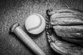 Vintage old baseball glove vith ball and bat Royalty Free Stock Photo