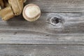 Old Baseball Mitt with used ball on rustic wood Royalty Free Stock Photo