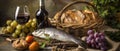An old basket with wine, bread, and fish Royalty Free Stock Photo