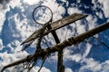 Old basketball court, basket, snatched netting against the sky Royalty Free Stock Photo