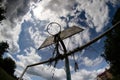 Old basketball court, basket, snatched netting against the sky Royalty Free Stock Photo