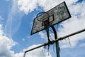 Old basketball court, basket, snatched netting against the sky Royalty Free Stock Photo