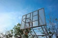 Old basketballhoop in the park with blue sky background