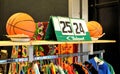 Old basketballs and scoreboards at a vintage market