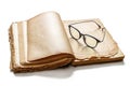 An old, battered book with yellowed pages and reading glasses Royalty Free Stock Photo