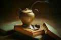 Among the old battered books there is an old oriental lamp with a Genie that grants wishes, from which smoke comes out Royalty Free Stock Photo