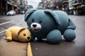 Old and battered soft toys lie on the street. The dump of the abandoned toys. Generative AI.