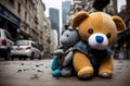 Old and battered soft toys lie on the street. The dump of the abandoned toys. Generative AI.