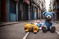 Old and battered soft toys lie on the street. The dump of the abandoned toys. Generative AI.