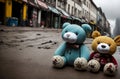 Old and battered soft toys lie on the street. The dump of the abandoned toys. Generative AI.