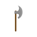 Old battle-ax with brown wooden grip. Weapon of vikings. Medieval arms. Flat vector design