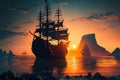 Old battleship fleet sailing to an island at dusk. This serves as an example Royalty Free Stock Photo