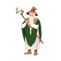 Old bearded magician. Forest wizard, mage with tree branch, staff. Mystic magic nature character. Fairy warlock, ancient