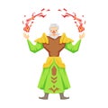 Old bearded magician making magical passes. Colorful fairy tale character Illustration