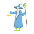 Old bearded wizard in a blue pointed hat holding magic staff. Colorful fairy tale character Illustration Royalty Free Stock Photo