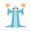 Old bearded wizard in a blue robe holding two magic balls in his hands. Colorful fairy tale character Illustration Royalty Free Stock Photo