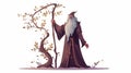 Old bearded wizard, with tree branch, staff. Mystic magic nature character. Fairy warlock, ancient mysterious sorcerer Royalty Free Stock Photo