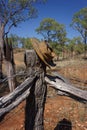 Old beaten up Australian bushmans` hat on fence.