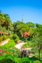Old beautiful public park Guell in Barcelona, Catalonia, Spain. Cityscape of Barcelona