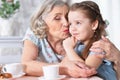 Old woman with a young girl drinking tea Royalty Free Stock Photo