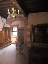 Old bed in chamber of Koenigsbourg castle in Alsace, France - vertical Royalty Free Stock Photo