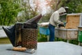 Old bee smoker. Beekeeping tool. The beekeeper works on an apiary near the hives. Royalty Free Stock Photo