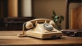 Old Beige phone retro on a wood table Royalty Free Stock Photo