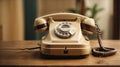 Old Beige phone retro on a wood table Royalty Free Stock Photo