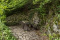 An old bench and a wooden table standing on a stone floor next to a water spring in the forest, a stone wall visible. Royalty Free Stock Photo