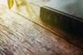 The old bible on wood desk with sunlight. Royalty Free Stock Photo