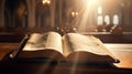 old bible on wooden pew in a church Royalty Free Stock Photo