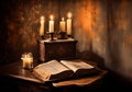 Old bible on a wooden table with candles lit Royalty Free Stock Photo